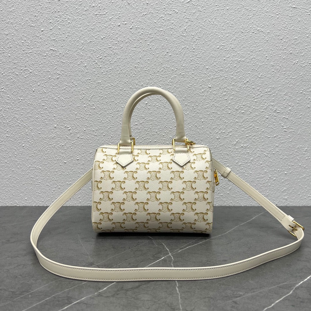 Celine Small Boston Cuir Triomphe In Triomphe Canvas And Calfskin White 197582